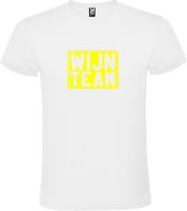 Wit T shirt met print van " Wijn Team " print Neon Geel size XS