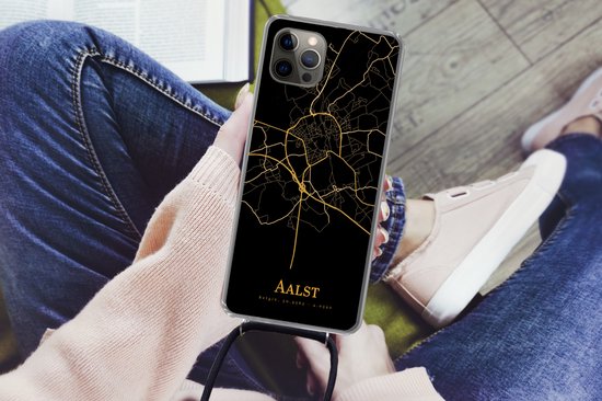 Cordon de téléphone - Chaîne de téléphone - Étui de téléphone Convient pour iPhone 12 pro bandoulière - Alost - Carte - Or - Siliconen - Bandoulière - Étui de téléphone avec cordon