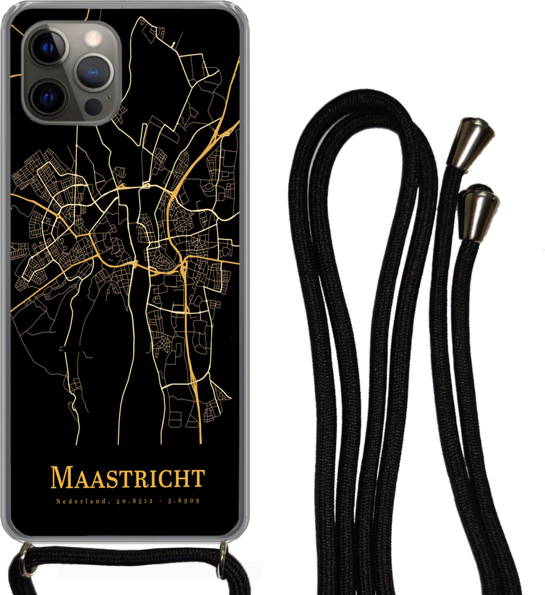Telefoonkoord - Telefoonketting - Telefoonhoesje Geschikt voor iPhone 12 pro crossbody - Maastricht - Kaart - Goud - Zwart - Siliconen - Crossbody - Telefoonhoesje met koord Telefoonhoesje
