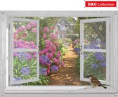 D&C Collection - tuindoek - 90x65 cm - doorkijk - wit venster hortensiatuin met mus - tuinposter - tuindecoratie - schuttingposter
