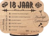 18 JAAR - houten wenskaart - kaart van hout - verjaardagskaart - gefeliciteerd - volwassen - gepersonaliseerd met naam - 17.5 x 25 cm