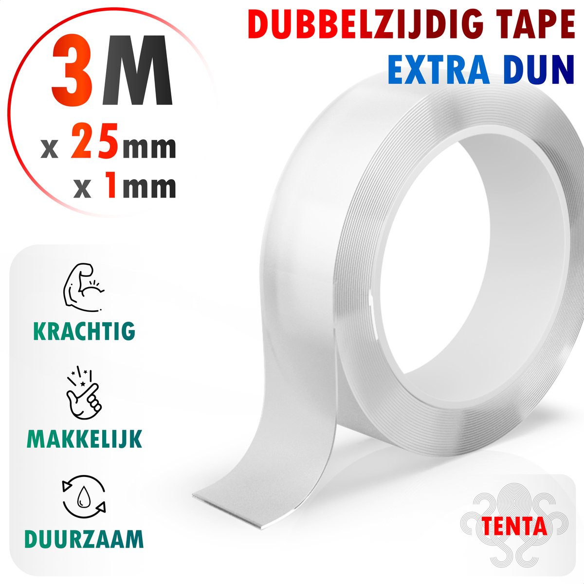 TENTA® Dubbelzijdig Tape Extra Dun - 3m x 25mm x 1mm - TENTA®