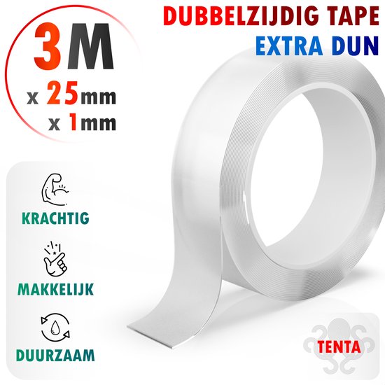 Concentratie Ik geloof verder TENTA® Dubbelzijdig Tape Extra Dun - 3m x 25mm x 1mm | bol.com