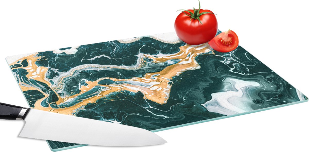 Glazen Snijplank - 39x28 - Marmer - Gouden - Wit - Snijplanken Glas