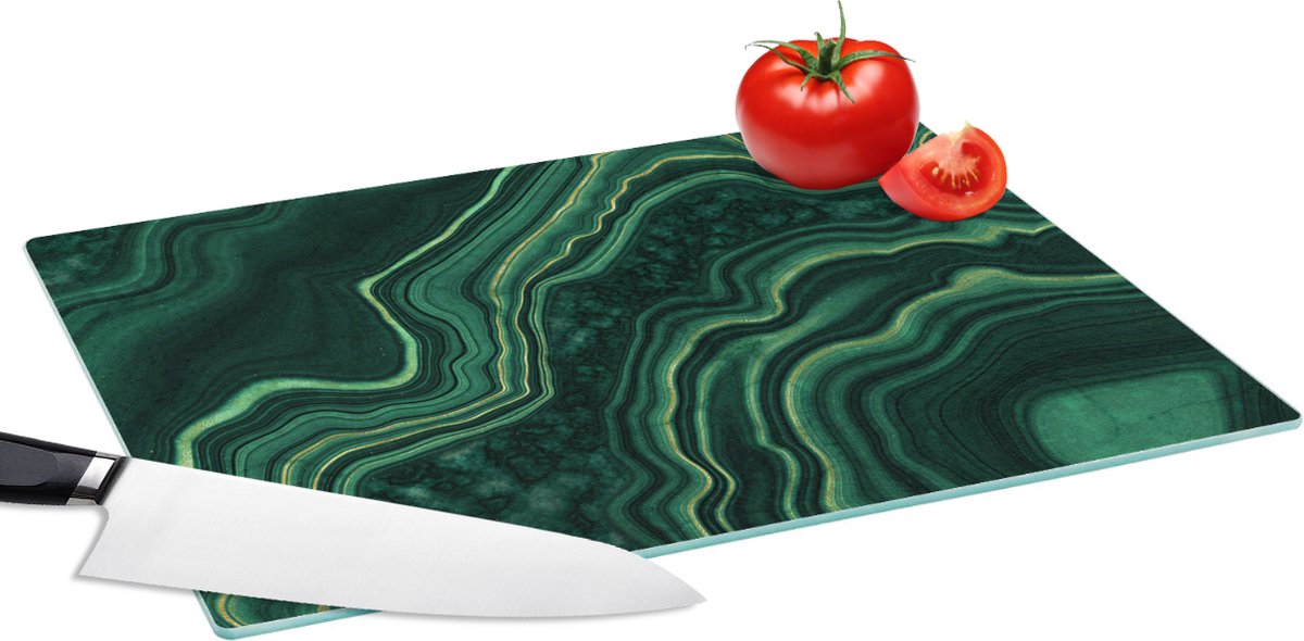 Glazen Snijplank - 39x28 - Marmer - Groen - Goud - Snijplanken Glas