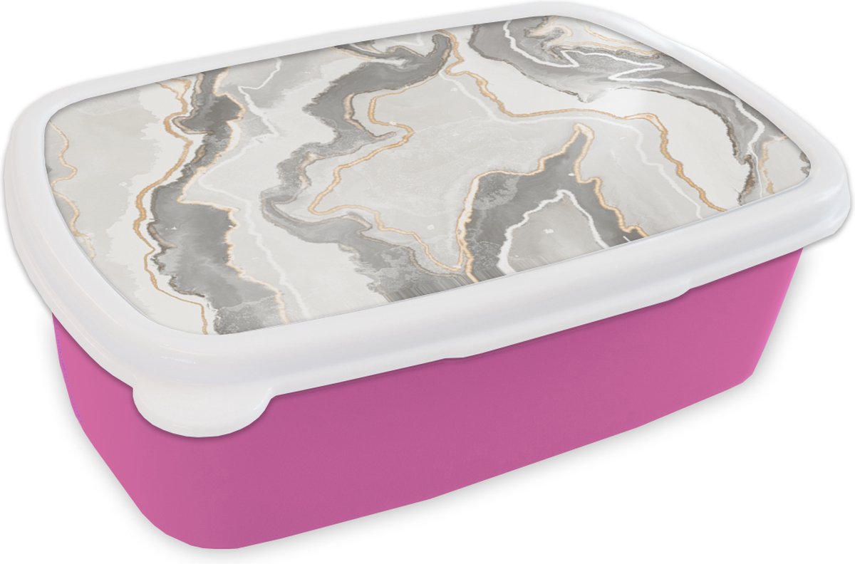 Broodtrommel Roze - Lunchbox - Brooddoos - Marmer - Bruin - Wit - 18x12x6 cm - Kinderen - Meisje