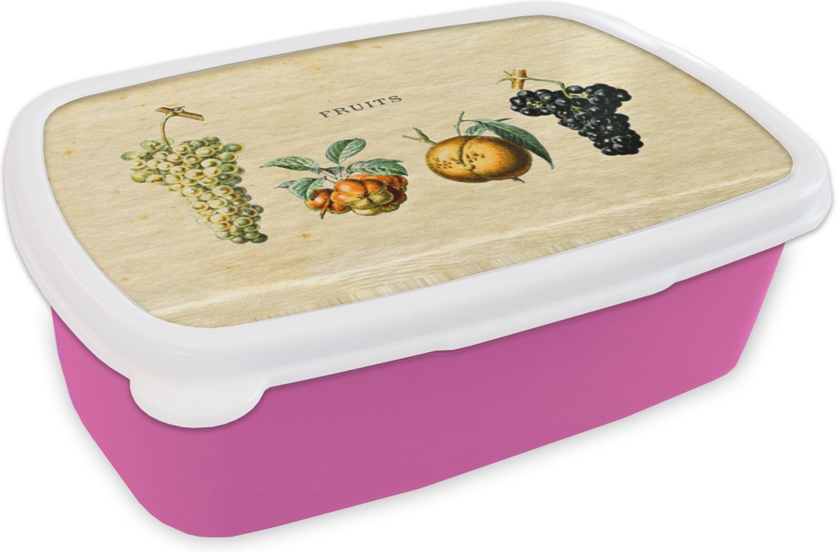 Broodtrommel Roze - Lunchbox - Brooddoos - Fruit - Druif - Vintage - 18x12x6 cm - Kinderen - Meisje
