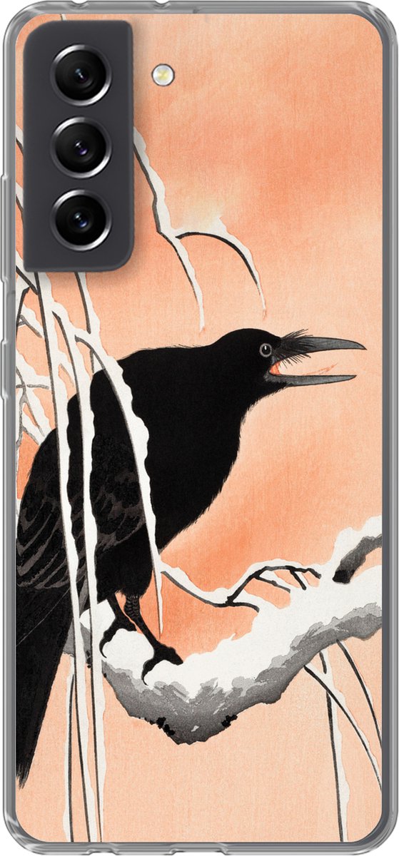 Telefoonhoesje Geschikt voor Samsung Galaxy S21 FE hoesje - Kraai - Tak - Vintage - Japans - Siliconen Telefoonhoesje Telefoonhoesje