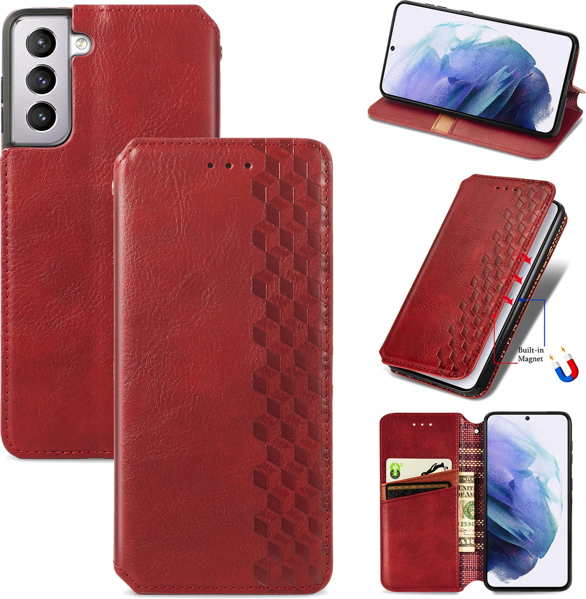 Luxe PU Lederen Ruitpatroon Wallet Case + PMMA Screenprotector voor Galaxy S21 5G _ Rood