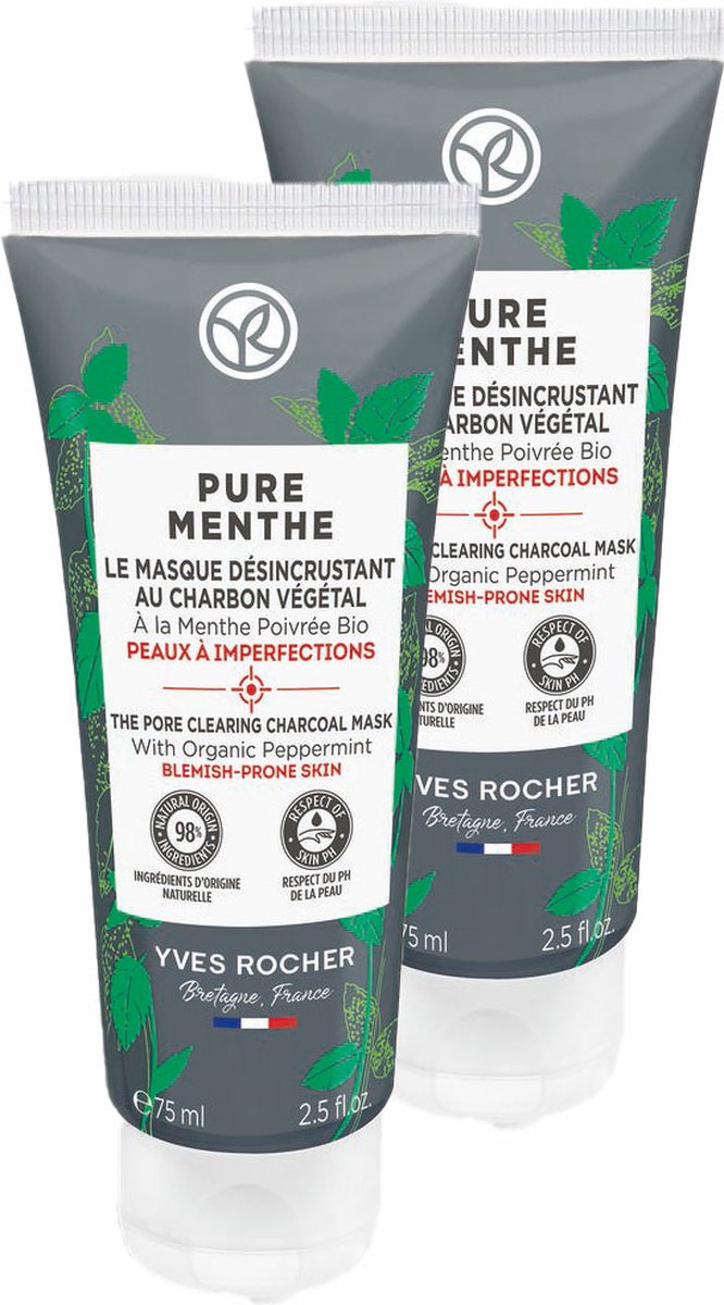 Yves Rocher - PURE MUNT Diepreinigend Masker met Plantaardige Houtskool - Reinigingsmelk - Voordeelverpakking 2 x 75 ml