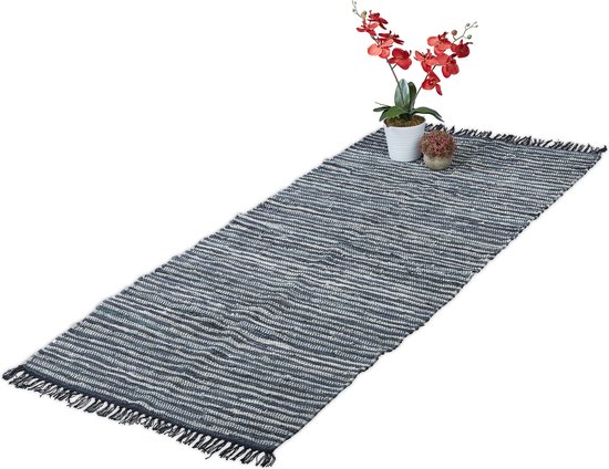 Relaxdays vloerkleed - leder en katoen - tapijt - antislip - chill mat - lappen - franjes - Grijs, 80x200cm
