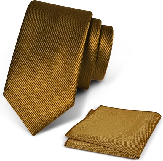 Premium Ties - Luxe Stropdas Heren + Pochet - Set - Polyester - Goud - Incl. Luxe Gift Box!