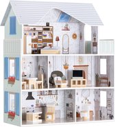 Maison de poupée en bois Navaris avec accessoires - 3 étages avec meubles jouets - Maison de poupée 5 pièces avec balcon - 69,5 cm x 62 cm x 27 cm