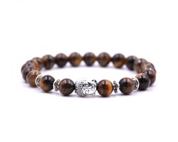Armband met buddha bedel - Armband natuursteen - Kralen band - Dames / Heren / Unisex / Cadeau - Cadeau voor man & vrouw - Zilveren Buddha - Elastisch - Koffiebruin - Tijgeroog