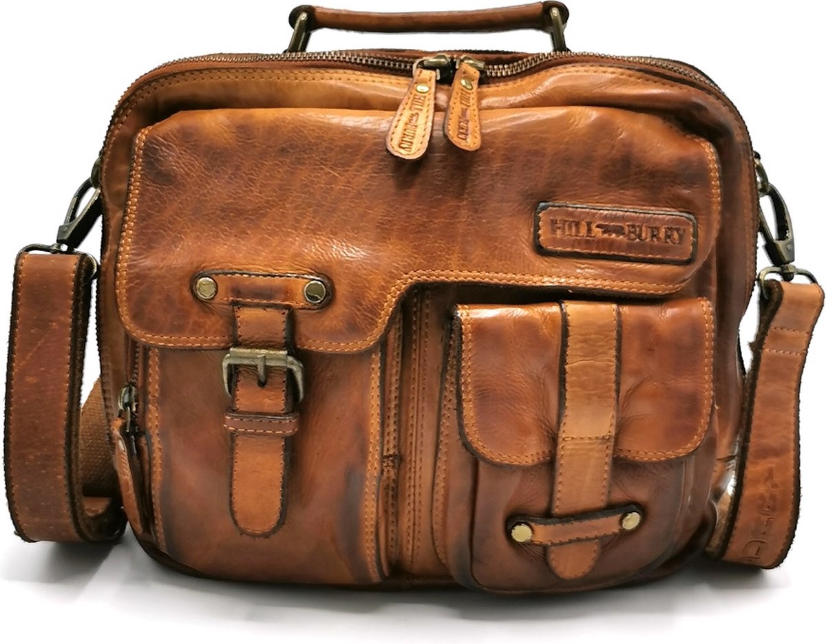 HillBurry Stoere Uniseks Tas Gewassen Leer Vintage Look Tan - Soepel en Sterk Kwaliteitsleer - 6215/W-870367A -(bxhxd) 27 cm x 22,5 cm x 6,5 cm
