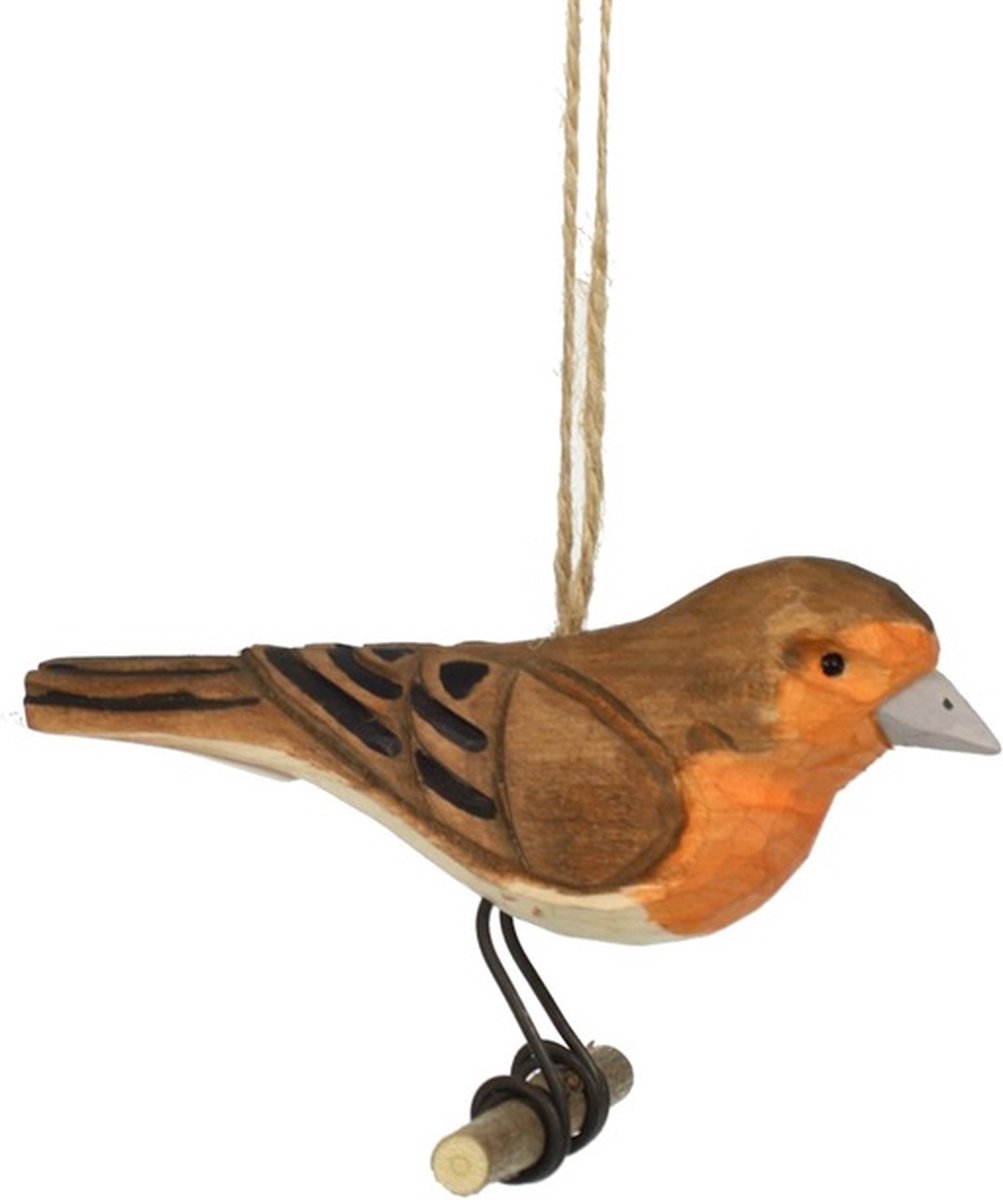 Ornament Roodborstje op tak hangend, hout 11x6x8cm