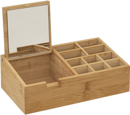 Make-up organizer 11 vakken met spiegel 24,5 x 8 cm van bamboe - Nagellak houder - Make-up houder - Organizers