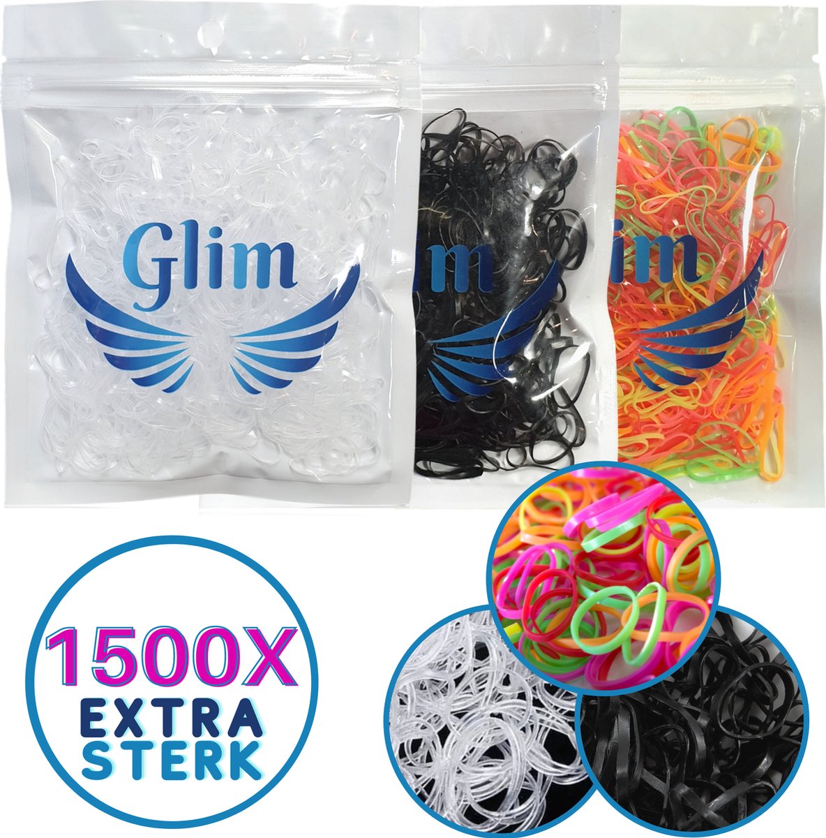 Glim® 1500x mini elastiekjes - Meisjes - Baby - Kinderen - Haar Elastieken - Elastiek - Extra Sterk - zwart + transparant + gekleurd