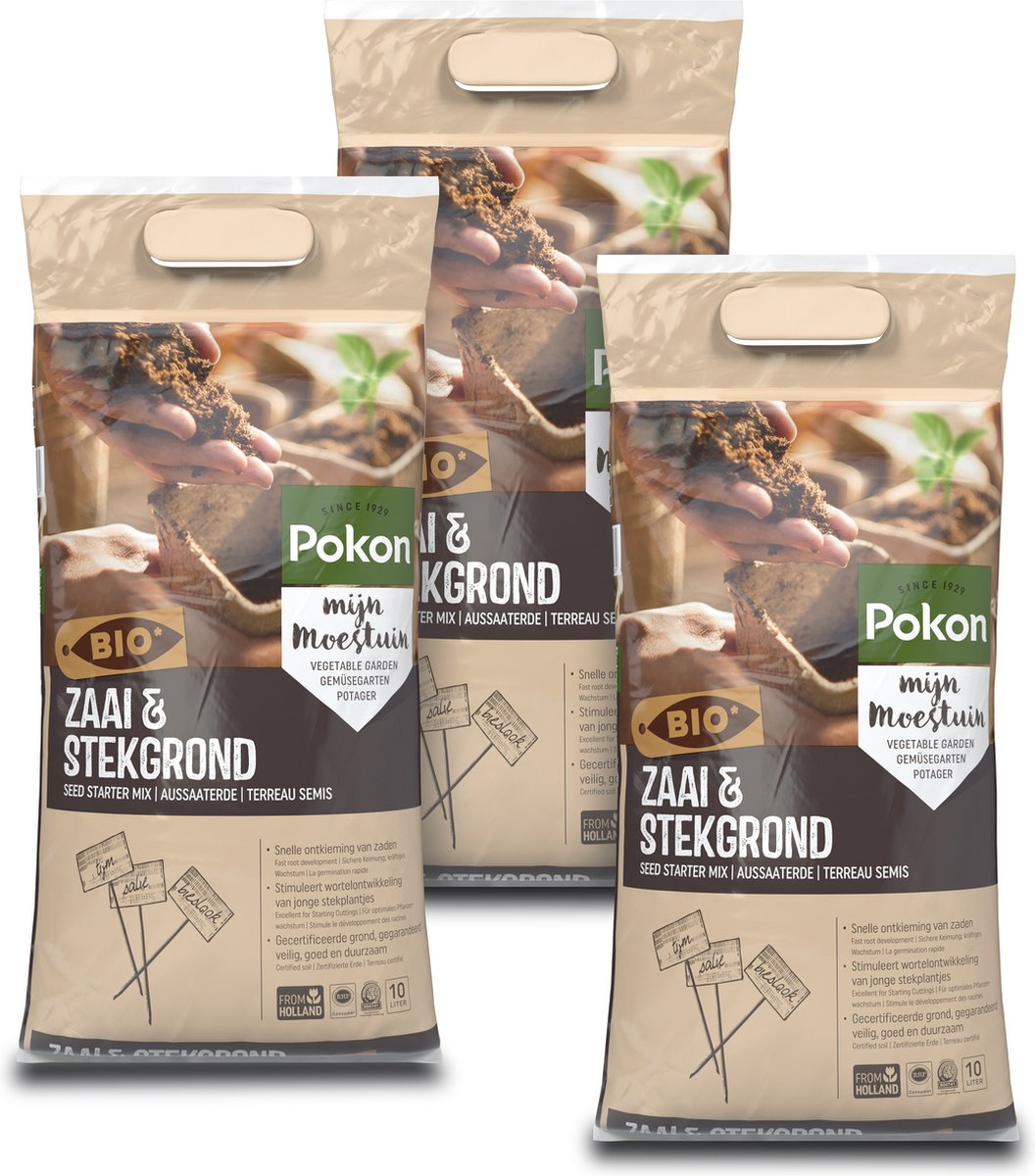 Pokon Bio Zaai- en Stekgrond - 3x10l - Turfvrije potgrond (biologisch) - Stimuleert wortelontwikkeling - Geschikt voor zaaitray