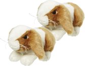 2x stuks pluche knuffel konijn bruin/wit 18 cm - Konijnen dieren knuffels