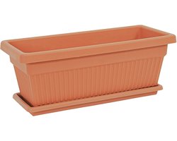 2 Kunststof bloembakken drainage 9L + schaal 46x20 Terra cotta Rechthoekige bloempot plantenbak