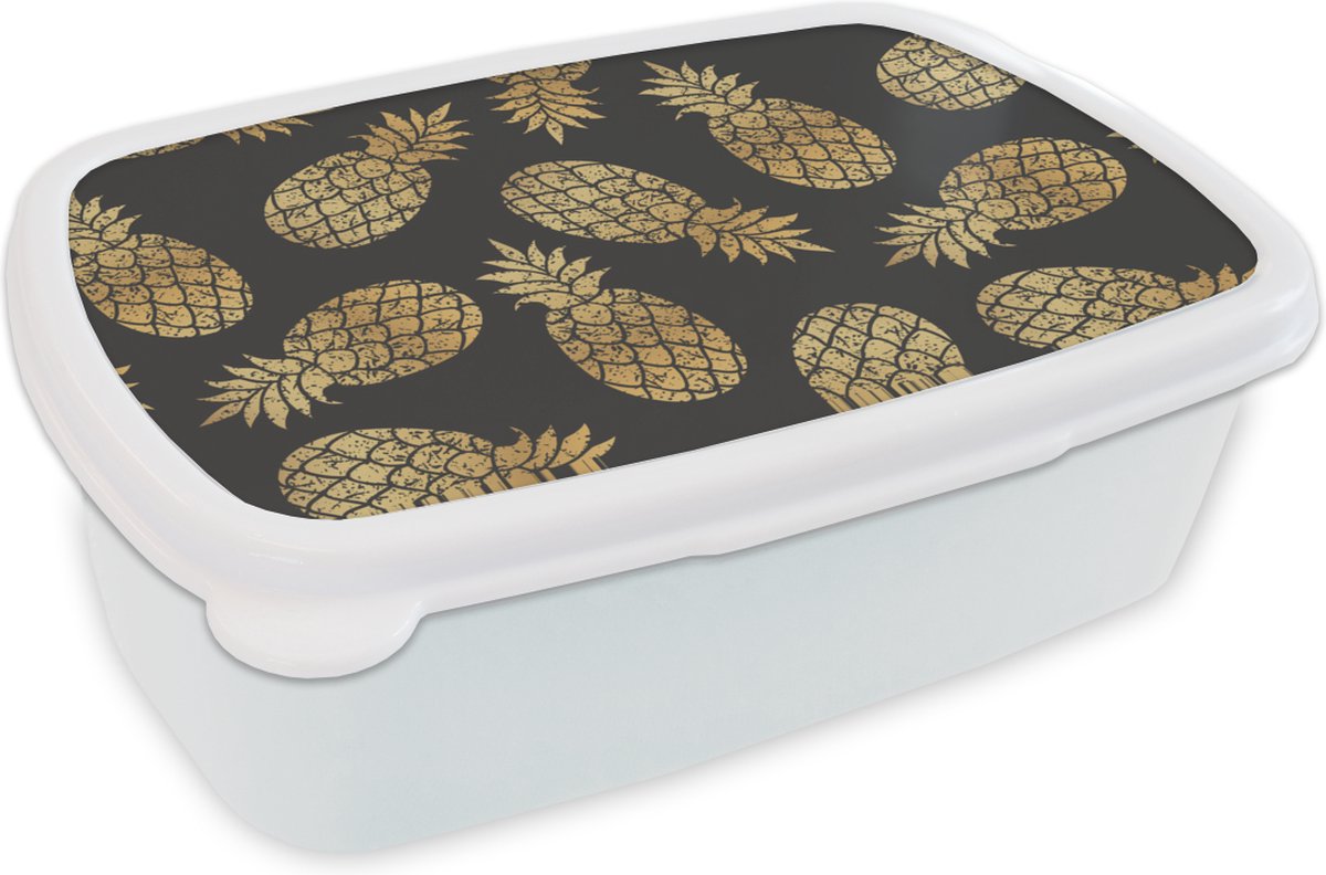 Broodtrommel Wit - Lunchbox - Brooddoos - Ananas - Goud - Luxe - Patronen - 18x12x6 cm - Volwassenen