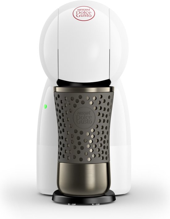Witte Krups Dolce Gusto Piccolo XS koffiecupmachine met een gestructureerde donkergrijze houder voor de cup.