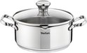 Een RVS kookpan met glazen deksel en Tefal logo.
