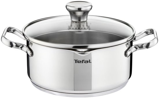 Een RVS kookpan met glazen deksel en Tefal logo.