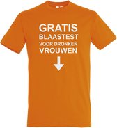 T-shirt Gratis blaastest voor dronken vrouwen | T-shirt met leuke tekst | T shirt grappig | Oranje | maat XL