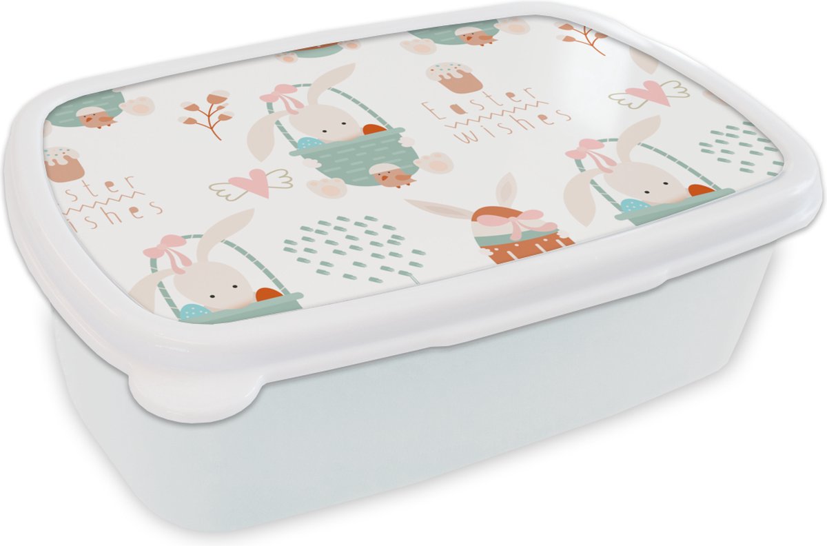 Broodtrommel Wit - Lunchbox - Brooddoos - Pasen - Patroon - Paasmand - 18x12x6 cm - Volwassenen