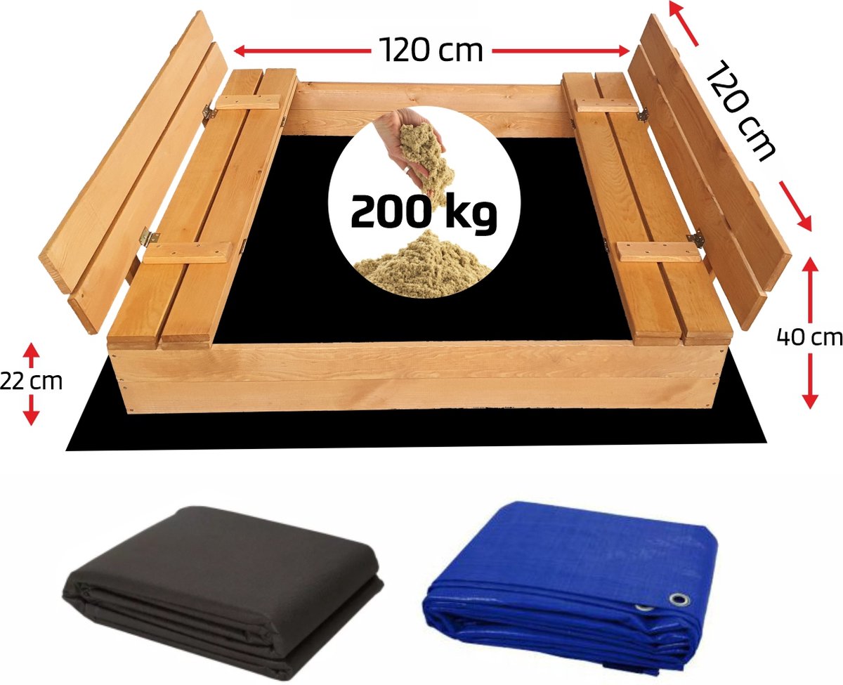 Afsluitbare Zandbak met Dak 120x120 cm – Gecertificeerd & Geïmpregneerd Hout | Incl. AFDEKZEIL, GRONDDOEK & Montagevideo | Voor 1-2 Kinderen | Grijs — afbeelding 9