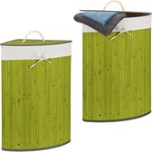 Relaxdays 2x wasmand hoekmodel bamboe - 60 liter - deksel - hoekwasmand - waszak - groen