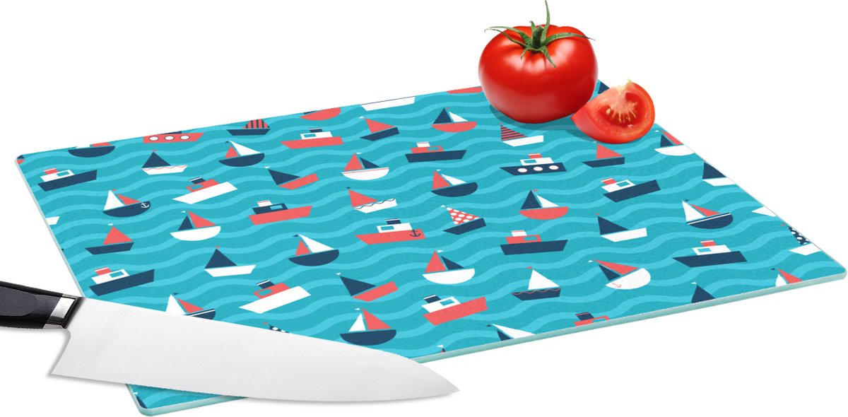 Glazen Snijplank - 39x28 - Boten - Zee - Patroon - Snijplanken Glas