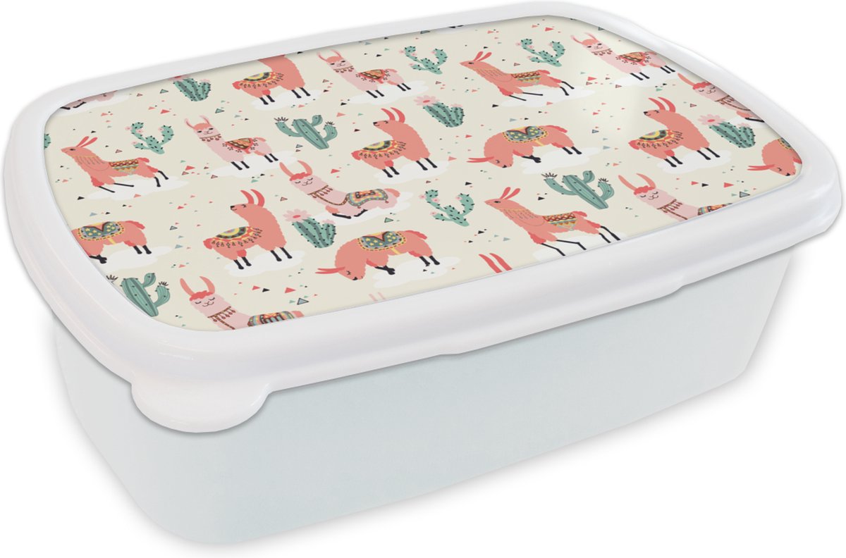 Broodtrommel Wit - Lunchbox - Brooddoos - Lama - Patronen - Cactus - 18x12x6 cm - Volwassenen