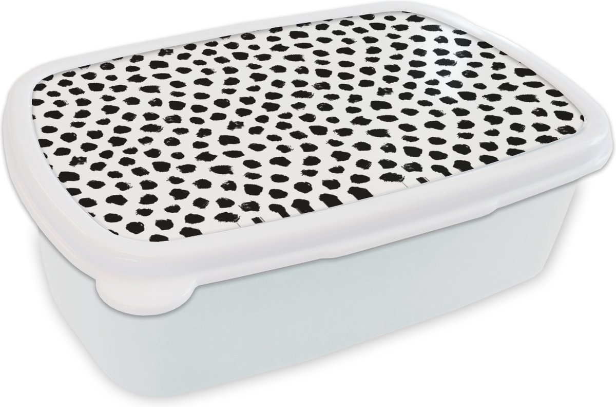 Broodtrommel Wit - Lunchbox - Brooddoos - Stippen - Zwart Wit - Patronen - 18x12x6 cm - Volwassenen