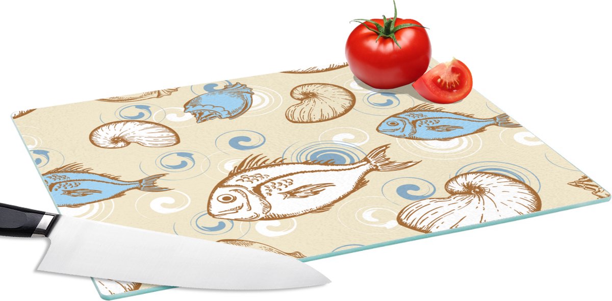 Glazen Snijplank - 39x28 - Vis - Schelpen - Pastel - Design - Vintage - Snijplanken Glas
