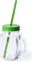1x stuks Glazen Mason Jar drinkbekers groene dop en rietje 500 ml - afsluitbaar/niet lekken/fruit shakes