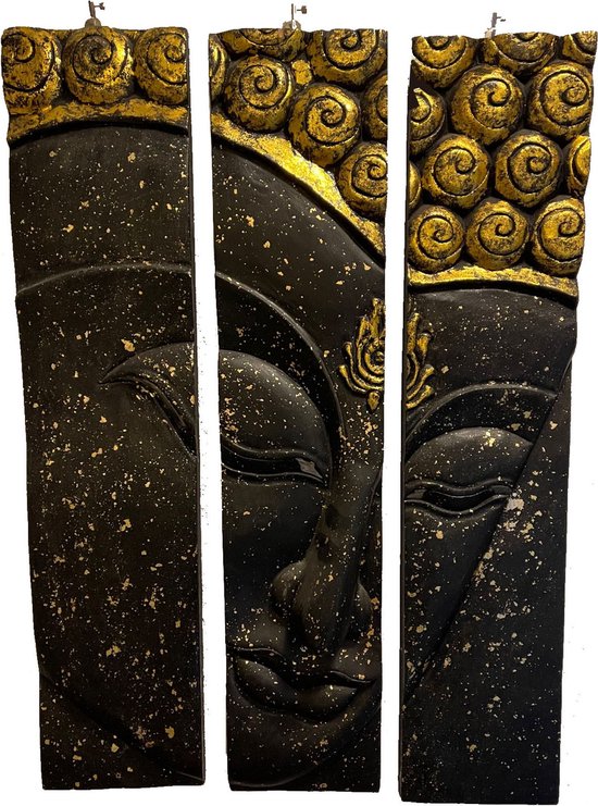 3-luik Boeddha van mangohout zwart / goud