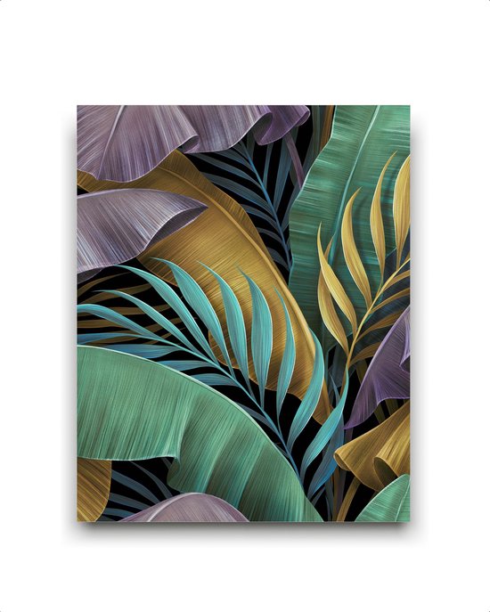Schilderij Luxe tropische bladeren paars goud groen Links - Planten / Bladeren / Planten / Bladeren