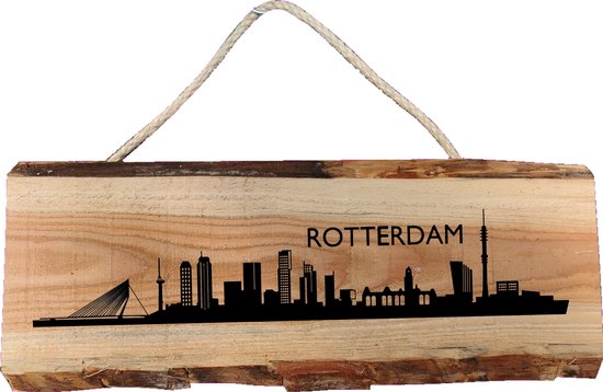 Van hout gemaakte naambord skyline Rotterdam - Boomschors douglas hout - 19x50cm
