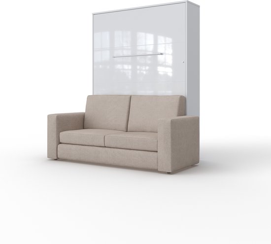 Maxima House - INVENTO SOFA Elegance - Verticaal Vouwbed Inclusief Bank - Logeerbed - Opklapbed - Bedkast - Inclusief LED - Mat Wit + Beige Sofa - 200x140 cm