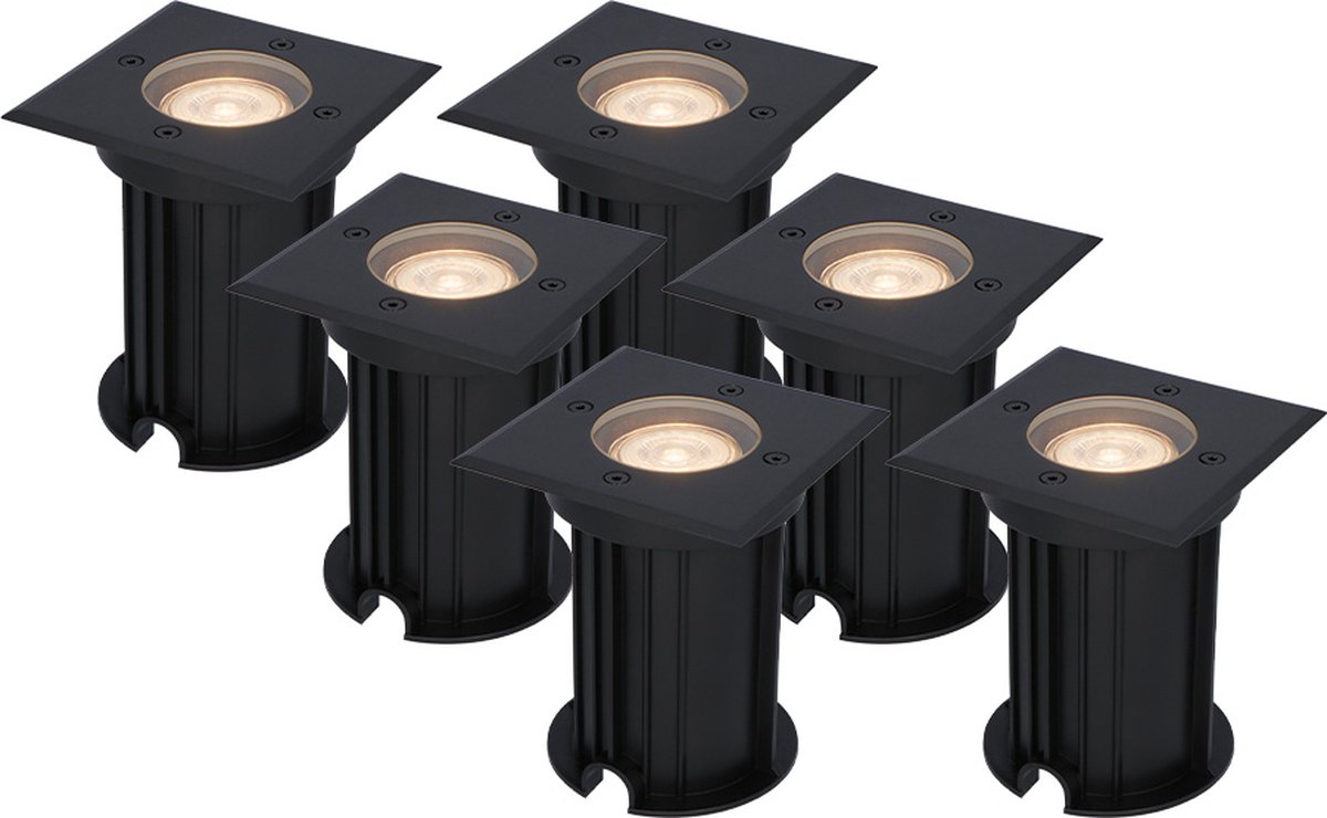 HOFTRONIC - Set van 6 Ramsay LED Grondspot Zwart - 2700K Warm wit - Vierkant Aluminium - 5 Watt 400 Lumen - IP67 Waterdicht - 3 jaar garantie - Inbouwdiepte: 140mm, Inbouwdiameter: 103mm - Tuinspots, Padverlichting en Opritverlichting