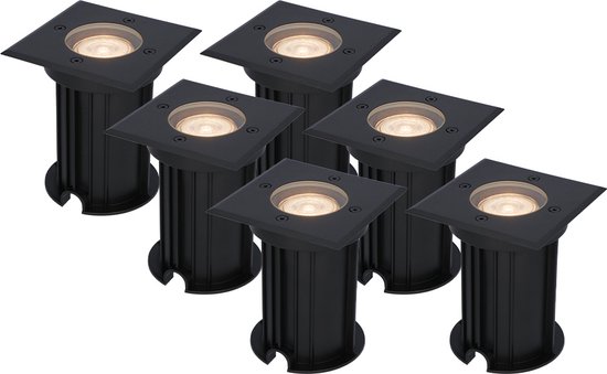 HOFTRONIC - Set van 6 Ramsay LED Grondspot Zwart - 2700K Warm wit - Vierkant Aluminium - 5 Watt 400 Lumen - Tuinspots, Padverlichting en Opritverlichting