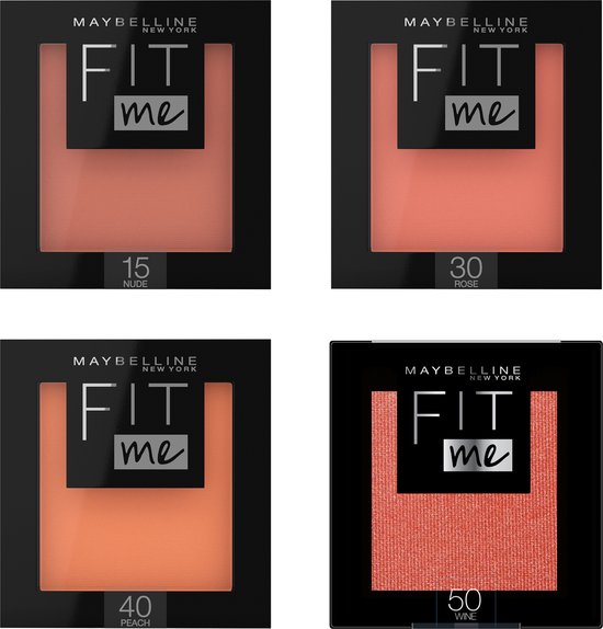 Vier 'Fit Me Blush' producten: 15 Nude, 30 Rose, 40 Peach en 50 Wine.