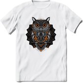 Uil - Dieren Mandala T-Shirt | Oranje | Grappig Verjaardag Zentangle Dierenkop Cadeau Shirt | Dames - Heren - Unisex | Wildlife Tshirt Kleding Kado | - Wit - M