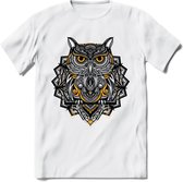 Uil - Dieren Mandala T-Shirt | Geel | Grappig Verjaardag Zentangle Dierenkop Cadeau Shirt | Dames - Heren - Unisex | Wildlife Tshirt Kleding Kado | - Wit - M