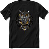 Uil - Dieren Mandala T-Shirt | Geel | Grappig Verjaardag Zentangle Dierenkop Cadeau Shirt | Dames - Heren - Unisex | Wildlife Tshirt Kleding Kado | - Zwart - M