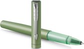 Vector XL rollerballpen | metallic groene lak op messing met chroom detail | fijne penpunt met zwarte inkt navulling | cadeauverpakking