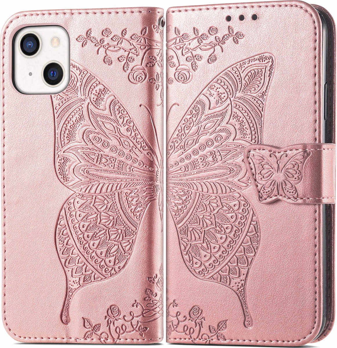 Bookcase geschikt voor Apple iPhone 13 - Roze - Vlinder - Portemonnee Hoesje